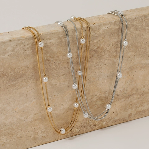 Collana Multistrato Künstliche Perle Acciaio Inossidabile Catena A Serpente Quadrata Impermeabile Ipoallergenico Elegante Catena Da Clavicola Per Donna