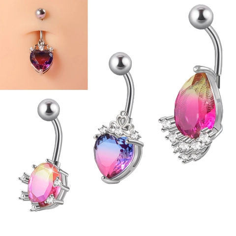Belly Piercing Navel Ring Stainless Steel Heart Oval Water Drop Gradient Zircon Body Jewelry Women