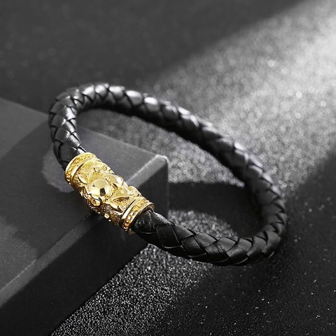 Bracciale Da Uomo In Pelle Intrecciata Acciaio Inossidabile Teschio Oro Chiusura Magnetica Gioielli Moda Punk Rock Gothic