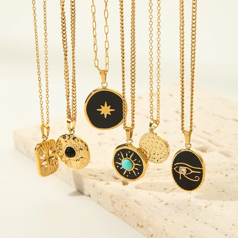 Vintage Edelstahl Rund Anhänger Halskette PVD Vergoldet Hexagramm Auge Des Horus Türkis Schmuck Für Damen