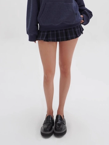 Navy Blue Plaid Pleated Mini Skirt Polyester Preppy Style Sexy Slim Fit JK School Uniform Short Skort For Women