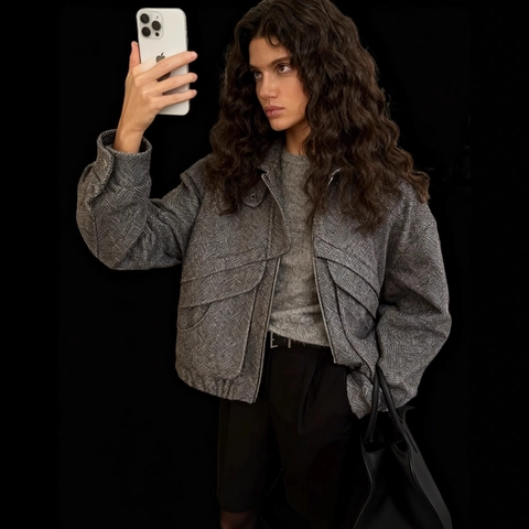 Damen Jacke Mit Fischgratmuster Grau Wolloptik Reißverschluss Kurzjacke Retro Revers Lässiger Schicker Mantel