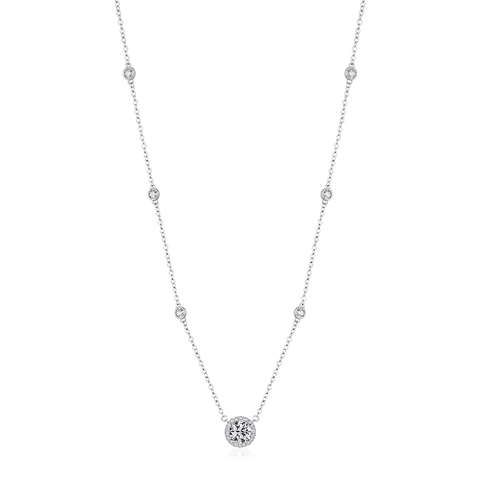 925 Sterling Silver Necklace Round Halo Cubic Zirconia Pendant Bezel Accent Chain Elegant Jewelry For Women