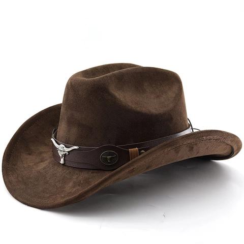 Chapeau De Cow-Boy Occidental Vintage Polyester Suède Feutre Bord Large Tête De Taureau Bande En Cuir Rétro Jazz Fedora Pour Hommes Femmes