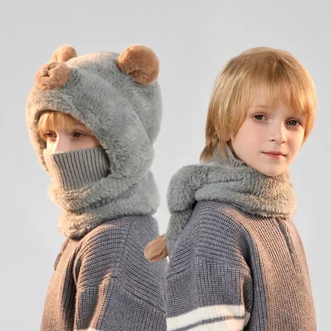 Passamontagna Bambini Cappello Sciarpa Maschera Integrato Peluche Orecchie Di Orso Inverno Caldo Antivento All'aperto Cartoon