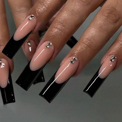 Extra Long Coffin Press On Nails French Black Tips With Rhinestones Plastic Fake Nails For Women Wearable Manicure