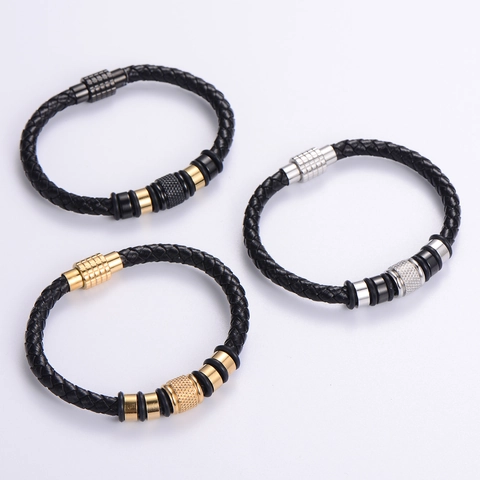 Bracciale Da Uomo In Pelle Intrecciata Con Chiusura Magnetica In Acciaio Inossidabile 316L Perline Zigrinate Stile Punk Hip Hop
