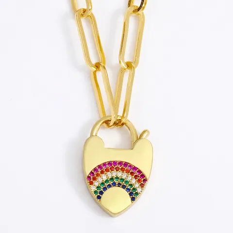 Collier Pendentif Cœur Cadenas Cuivre Plaqué Or 18K Vierge Marie Arc En Ciel Zirconium Chaîne Trombone Clavicule Femmes
