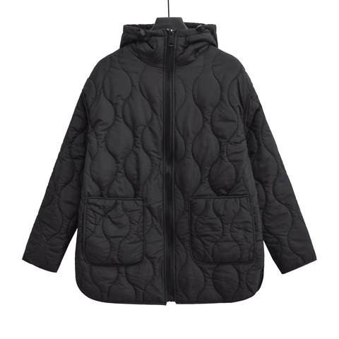 Women Hooded Quilted Jacket Polyester Padded Puffer Coat Mid Length Casual Gourd Pattern Outerwear With Large Pockets