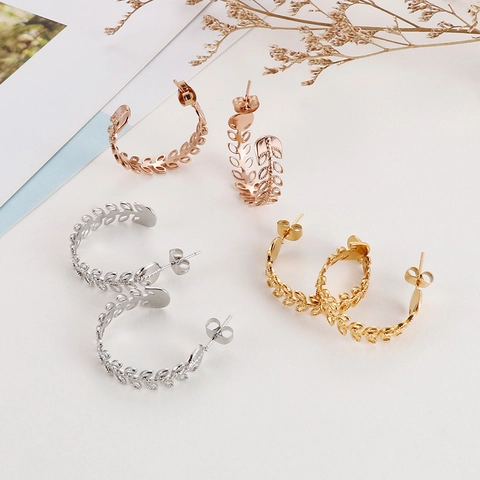 Stainless Steel Hollow Leaf C Shape Hoop Earrings Fashion Elegant Wheat Ear Jewelry For Women