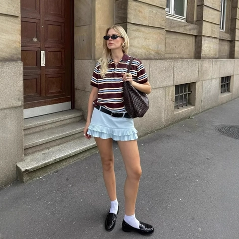 Women Pleated Mini Skirt And Striped Polo Shirt Streetwear Sexy Low Waist Preppy Style Polyester Knit Breathable