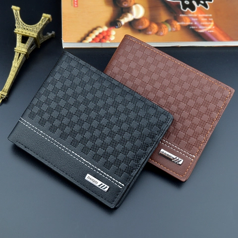 Men Short Folding Wallet PU Leather Lattice Embossed Slim Business Casual Card Holder Large Capacity Purse