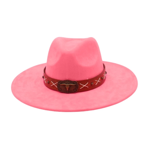Sombrero Fedora de Vaquero del Oeste de Gamuza Vintage de Ala Ancha Étnico Con Hebilla de Cabeza de Toro Banda de Cuero Para Hombre Mujer Viajes Fotografía