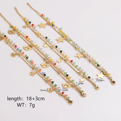 Double Layer Bracelet 304 Stainless Steel Colorful Beads Star Evil Eye Pendant Gold Plated Fashion Jewelry For Women