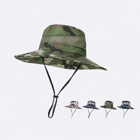 Men Camouflage Outdoor Sun Hat Wide Brim Breathable Mesh Polyester Boonie Hat For Fishing Hiking With Adjustable Windproof Rope