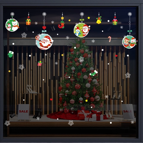 Weihnachten Fensteraufkleber Statisch Haftend PVC Weihnachtsmann Schneemann Rentier Schneeflocke Doppelseitig Dekoration Glas Shop Heim
