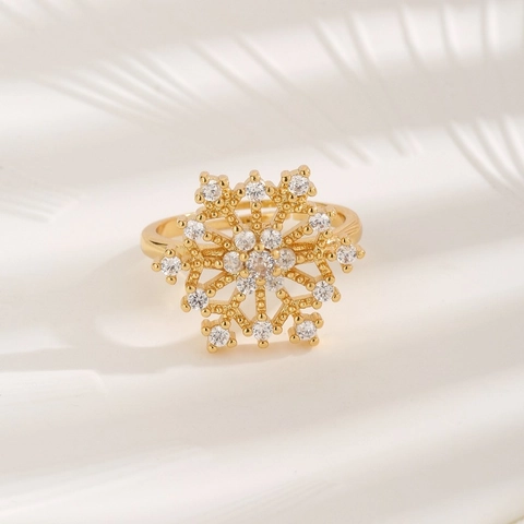Luxus Kupfer Schneeflocke Verstellbarer Ring Mit Zirkonia Gold Galvanisiert Geometrischer Offener Fingerring Schmuck Geschenk Für Damen