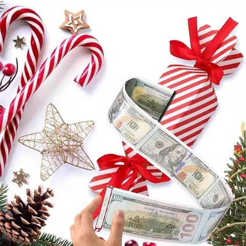 Christmas Money Pulling Gift Holder Candy Shaped Paper Cash Surprise Dispenser With Ribbons And Bags For Holiday Party Festive
