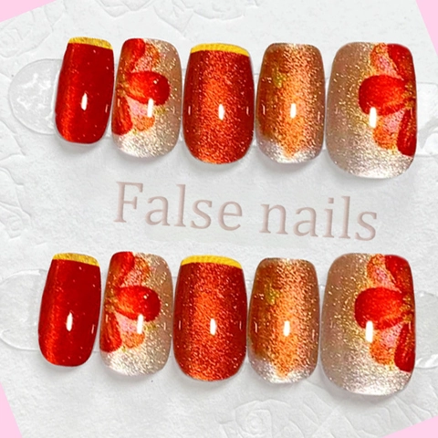 Uñas Postizas De Presión Ojo De Gato Rojas Diseño Flores Borde Dorado Cortas Cuadradas Brillantes Hechas A Mano Para Mujer