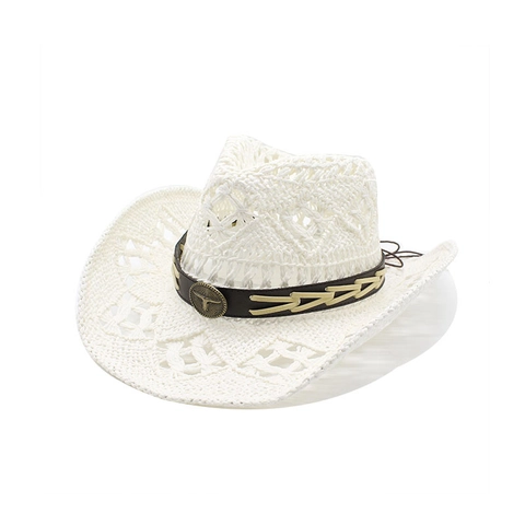Western Cowboy Straw Hat Vintage Bull Head Metal Decor Hollow Out Breathable Wide Brim Sun Protection Beach Vacation