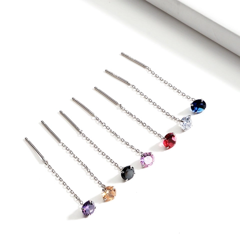 925 Sterling Silver Threader Earrings With Colorful Cubic Zirconia Four Prong Set Long Tassel Chain Ear Line For Women