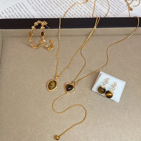 Vintage Tiger Eye Stone Necklace And Earrings Copper Zircon Inlaid Maillard Style Elegant Women With Silver Earring Post