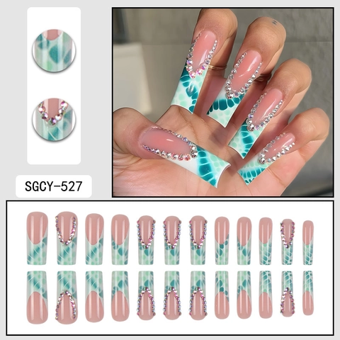 Long Cercueil Ongles À Presser Rose Nude Bleu Dégradé Motif Peau De Serpent Strass Style Français Faux Ongles