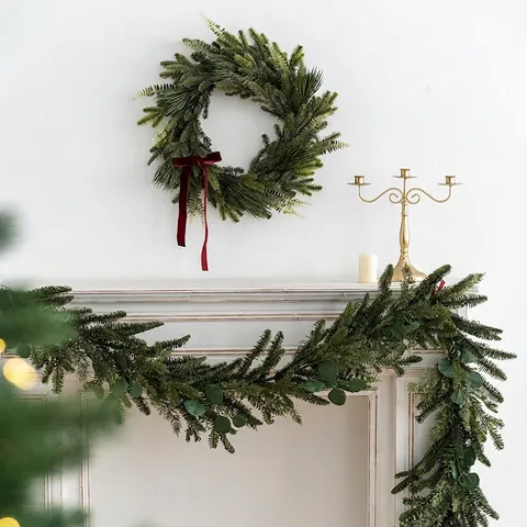 Artificial Christmas Pine Needle Wreath And Garland With Eucalyptus Leaves Natural Pine Cones For Front Door Mantle Decoration PE Simulation Greenery