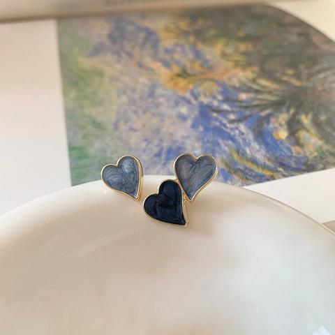 Pendientes De Botón De Corazón Asimétricos Con Poste De Plata Esmalte Azul Textura Mármol Joyas Para Mujer