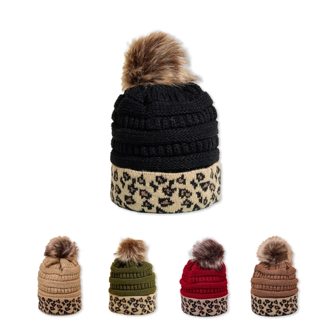 Berretto Beanie Acrilico Caldo Inverno Stampa Leopardata Pom Pon Maglia A Costine Moda Versatile Per Donne Uomini