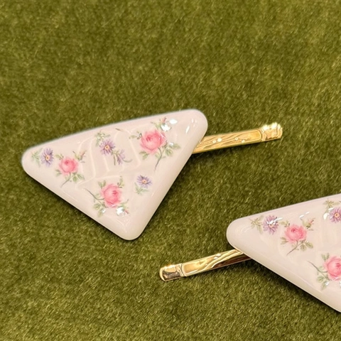 Triangle Floral Print Hair Clips Alloy Retro French Style Side Hairpin For Women
