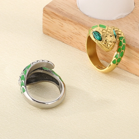 Stainless Steel Snake Ring With Green Enamel And Emerald Green Rhinestone Eyes Open Adjustable Retro Luxury Jewelry