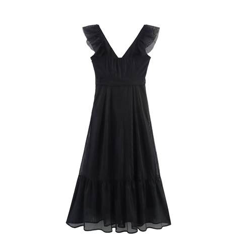 Elegantes Damen V-Ausschnitt Netz Maxikleid Mit Rüschen Ärmellos Taillenband Schwarz