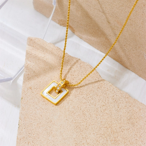 Square Pendant Necklace Stainless Steel 18K Gold Plated Shell Inlay Rhinestone Elegant Minimalist Jewelry For Women