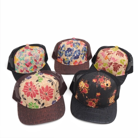 Cappello Trucker In Paglia Floreale Visiera In Pelle Coccodrillo Mesh Traspirante Cappello Da Baseball Visiera Piatta Snapback