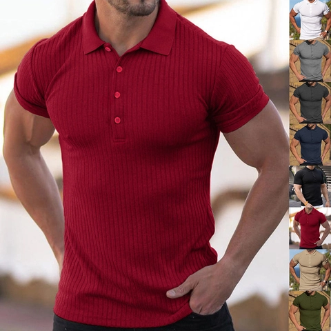 Herren Kurzarm Polo Hemd Slim Fit Rippstrick Vertikale Streifen Textur Muskelpassform Sommer Casual Revers Oberteil