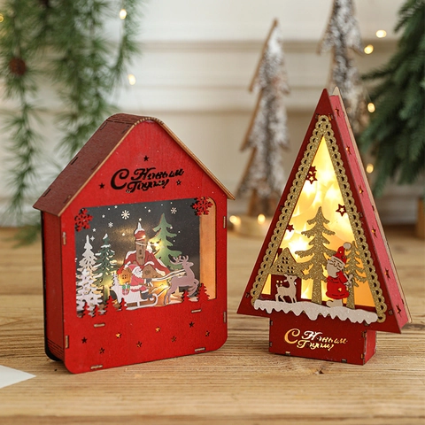 Weihnachts LED Holz Ornament Leuchtende Tischdeko Lasergeschnitten Weihnachtsmann Rentier Haus Baum Form Warmes Licht