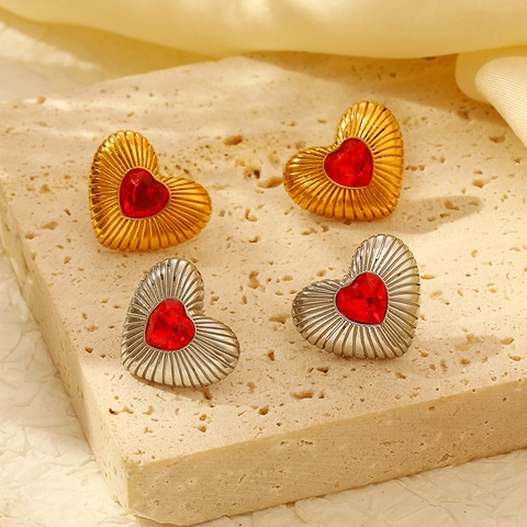 Pendientes De Botón Corazón Acero Inoxidable Circón Rojo Piedra Preciosa Incrustada Textura Radial Joyería Retro