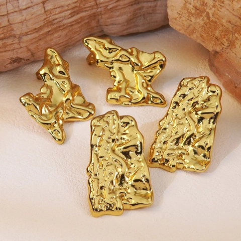 Stainless Steel Hammered Irregular Stud Earrings For Women Gold Molten Lava Texture Liquid Metal Geometric Earrings Jewelry
