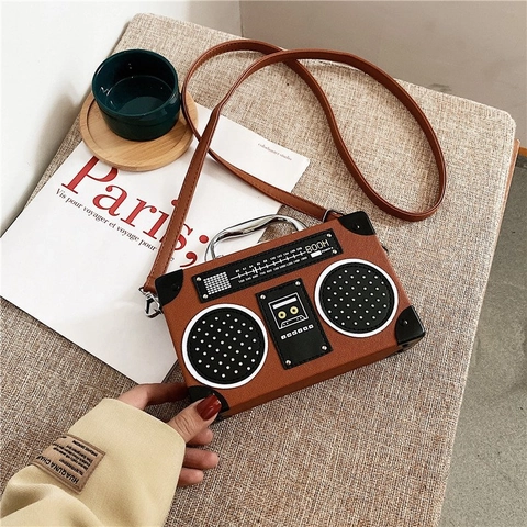 Vintage Radio Shaped Shoulder Bag PU Leather Box Handbag Retro Crossbody Purse With Metal Handle For Women