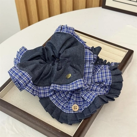 Vintage Blue Denim Plaid Patchwork Scrunchies Large Hair Ties With Bowknot Buttons French Style Ruffled Ponytail Holder