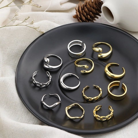 925 Sterling Silver Open Rings For Women Adjustable Geometric Wave Chain Hugging Hand Minimalist Gold Silver Plated Finger Ring