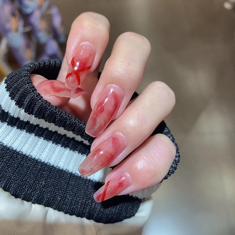 Lange Press On Nails Sargform Rotes Marmormuster Mit Geometrischen Linien Transparenter Glänzender Künstlicher Fingernagel