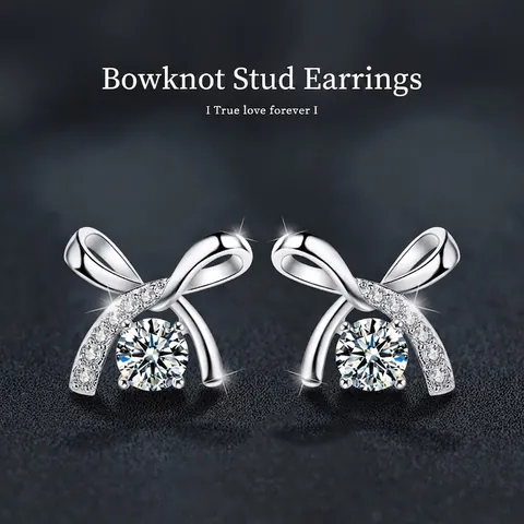 Moissanite Bow Knot Stud Earrings 925 Sterling Silver Earring Post Ribbon Design Elegant Minimalist Jewelry For Women