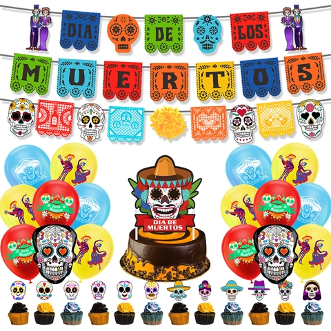 Dag Van De Doden Decoraties Suiker Schedel Banner Cupcake Toppers Hangende Wervels Ballonnen Mexicaans Thema Feestelijke Huis Decoratie