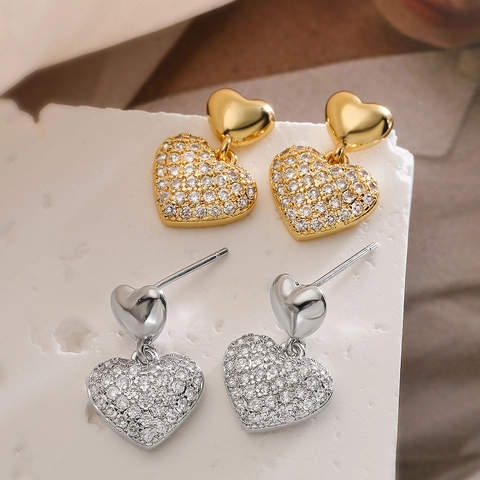 Heart Drop Earrings Copper Micro Inlaid Zircon Gold Plated Elegant Dainty Jewelry Women With Copper Earring Post