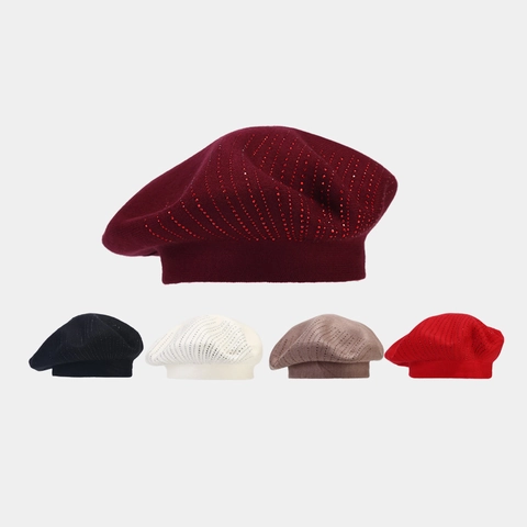 Damen Vintage Strick Baskenmütze Herbst Winter Warm Viskose Malermütze Mit Strass Elegant Mode Accessoire