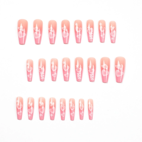 Press On Nails Pink Gradient White Heart Star Pattern Long Coffin Ballerina Shape Artificial Fingernails Gothic Style