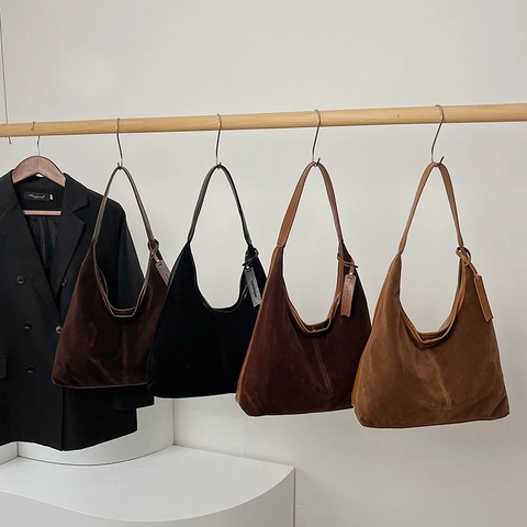 Retro Women Suede PU Leather Hobo Bag Large Capacity Soft Shoulder Tote Underarm Bag Simple Daily Commuter Handbag