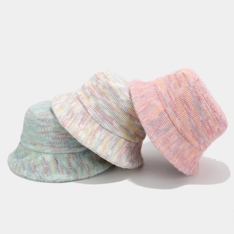 Women Knitted Bucket Hat Colorful Rainbow Stripe Plush Acrylic Warm Winter Autumn Sunshade Fashionable Fisherman Hat